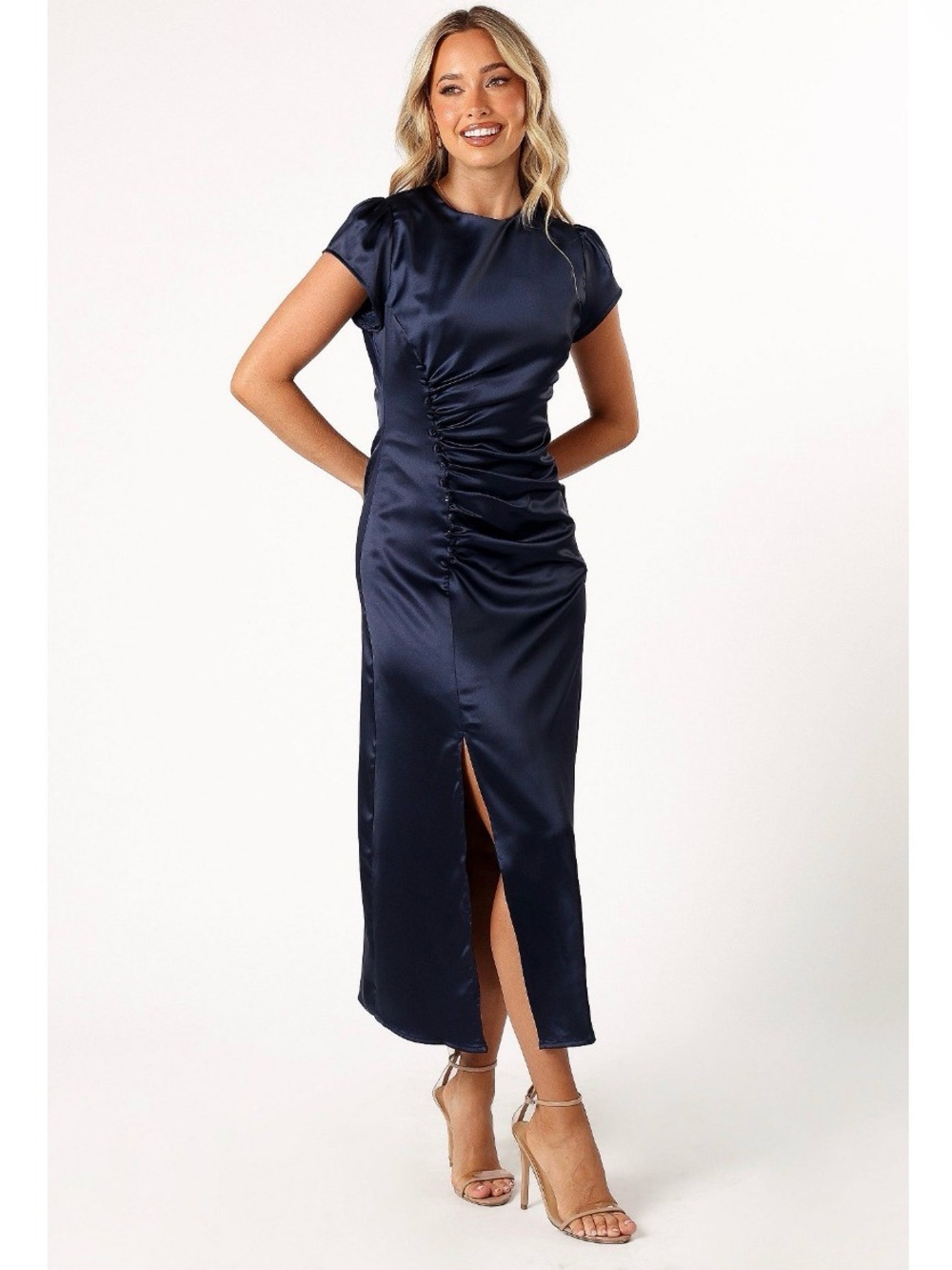 Petal and Pup Lisbeth Elegant Navy Satin Ruched Midi Dress
